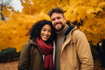 Happy multi ethnic couple smiling and enjoying a beautiful autumn day in a park with vibrant yellow foliage