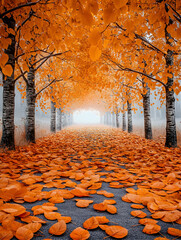 Autumnal path, leaves, trees, fog, sunlight, nature scene, wallpaper