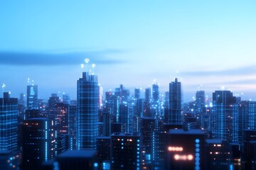 Obraz premium Hyperreal Cityscape with Interconnected Data and Wireless Signals