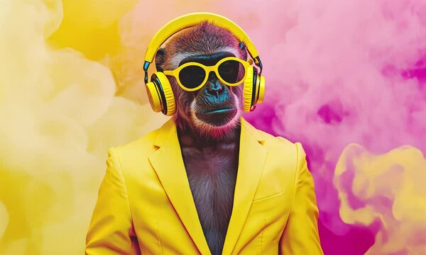 Fashion monkey dj in smoke. Party style.