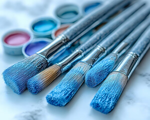 Fototapeta premium Blue paintbrushes and watercolor paints on marble; art supplies; close-up