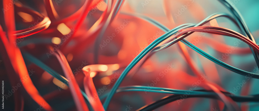 Poster exciting abstract representation of intertwining wires conveying urgency and dynamic motion