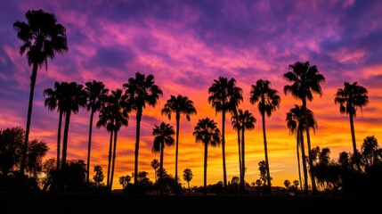 Obraz premium A magical composition of silhouetted palm trees under a glowing sky, with deep orange at the horizon blending into rich purples above, perfect for a tropical escape