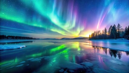 Obraz premium Frozen Lake Aurora Borealis, vibrant colors, frozen water, vibrant colors