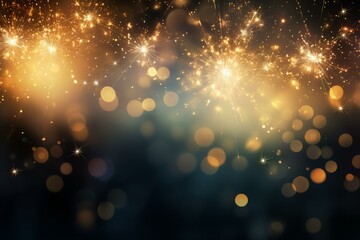 Golden fireworks exploding against a dark, blurred background with bokeh effect, creating a festive and celebratory atmosphere