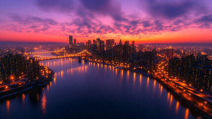 Fototapeta premium City sunrise, river reflections, winter cityscape, urban skyline, aerial view