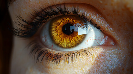Close-up amber eye, sunlit freckles, detailed iris,  healthcare poster