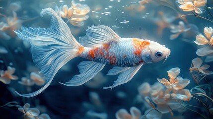 Koi fish swimming, floral underwater scene, aquarium, serenity