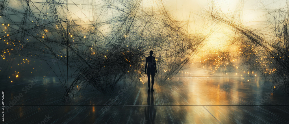 Poster wires responding to virtual forces create a dynamic abstract environment at sunset