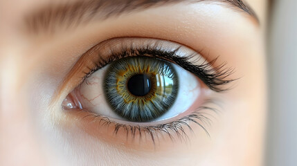 Obraz premium Close-up of a green eye, detailed iris, eyelashes, makeup, soft skin. Medical, beauty, vision