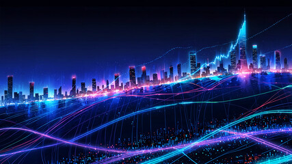 Fototapeta premium 抽象的なドットと波線で描かれたスマートシティの未来的な接続コンセプト.生成AI