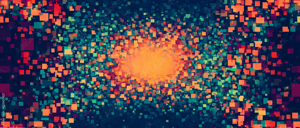 Poster pixelated blockchain blocks creating a vibrant digital art background design