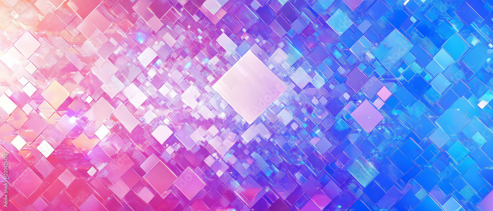 Poster pixelated blockchain blocks with a digital art banner in a vibrant gradient background