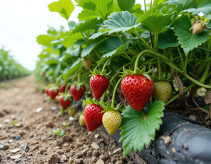 Red strawberry. Strawberry plants bear abundant fruit. Strawberry plantation