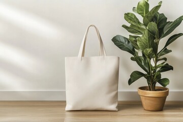 Elegant Minimalist Tote Bag with Green Plant in Modern Interior Space