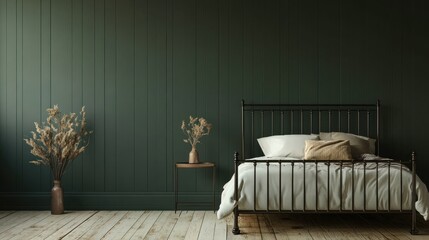 Dark green wall bedroom with metal bed, side table, dried flowers.