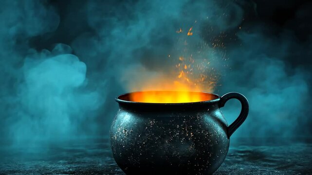 Mysterious cauldron with glowing fire mystical smoke