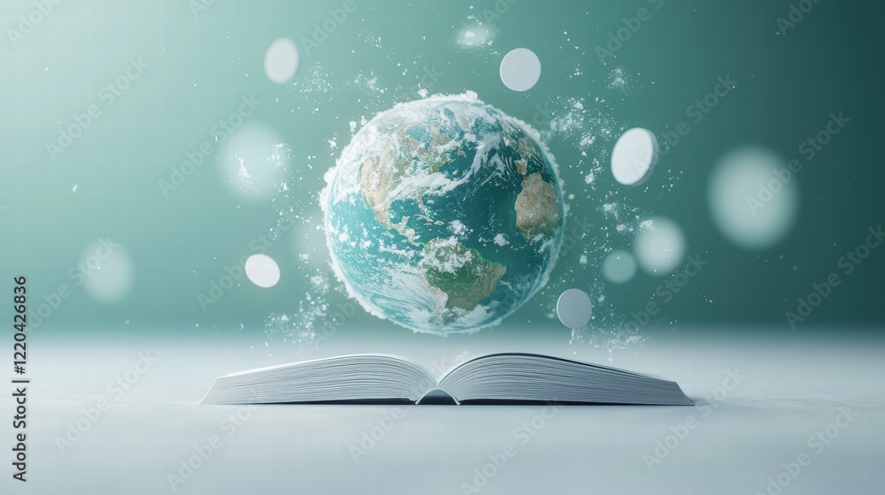 Poster abstract 3d floating globe above open book with minimalist icons and bright background