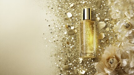 Champagne bottle with gold glitter and confetti, celebrating festive moments in style.
