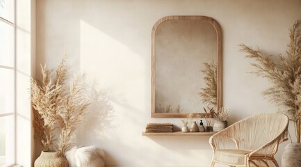 a wooden wall mirror mockup hanging on the beige wall near a shelf with decorations