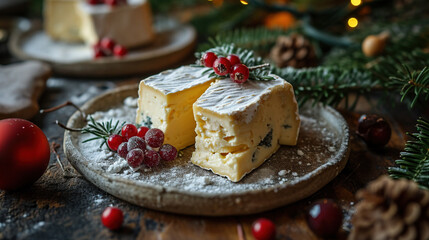 Delicious Christmas Cake In Plate On Blurry Background