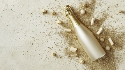Champagne bottle with gold glitter and confetti, celebrating festive moments in style.