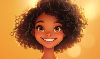 Happy Smiling African Cartoon Girl with Curly Hair in 3D Style, Cute and Funny Young Woman Teenager, Light Background, Joyful Expression, Youthful Happiness Concept, Generative AI