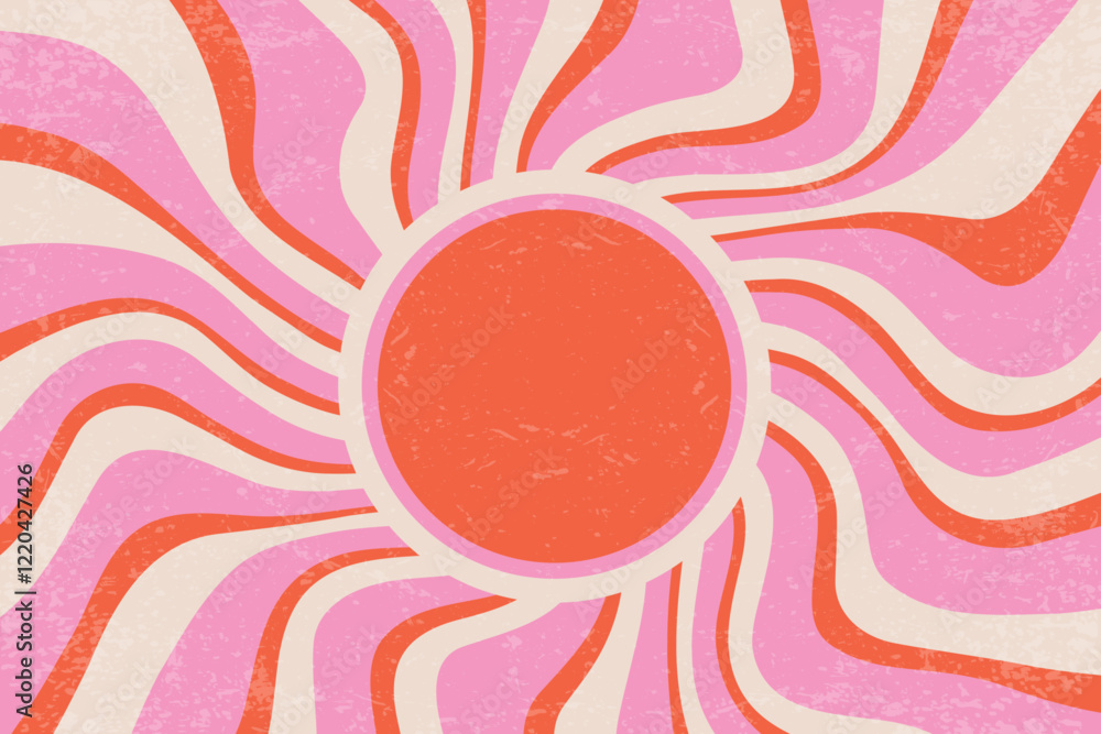 Poster sunrays retro background. vector summer 70s poster. abstract groovy design with grunge texture. old 