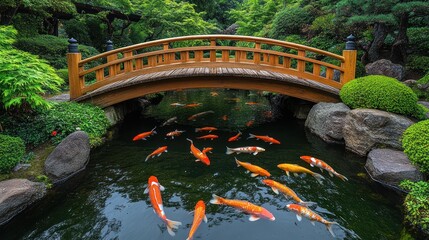 Wooden bridge over koi pond in lush garden