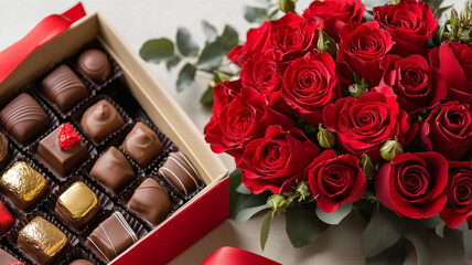 A large bouquet of red roses next to a box of exclusive chocolates wrapped in gold foil, arranged in a gift box with a red ribbon. AI generated images.	