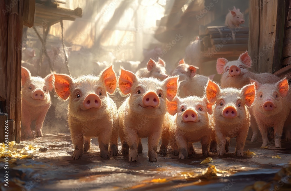 Poster group of adorable piglets curiously exploring a rustic farm setting with warm sunlight filtering thr