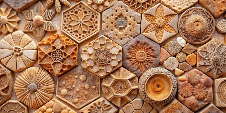 Natural geometric patterns emerge from a mixture of terracotta and sandstone minerals, with organic shapes resembling ancient fossils , abstract shapes, geology