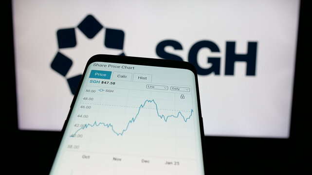 Stuttgart, Germany - 01-23-2025: Mobile phone with website of Australian holdings company SGH Ltd. on screen in front of business logo. Focus on top-left of phone display.