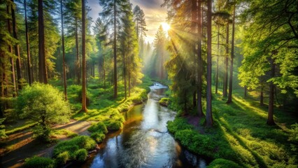 Obraz premium Serene forest landscape from above, with towering trees and dense foliage, sunlight filtering through the canopy, and a winding stream in the foreground, tree canopy, woodland