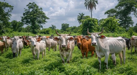 Naklejka premium Group of Cattle Grazing in a Lush Green Pasture with Clear Blue Sky and Palm Trees in the Background, Capturing Rural Farm Life and Nature's Beauty