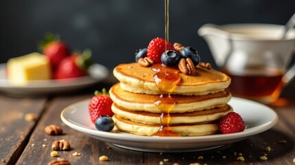 Delicious Buttery Pancakes Topped with Berries and Pecans Drizzled with Sweet Syrup