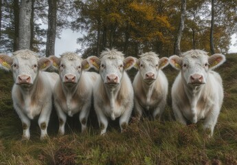 Fototapeta premium Group of Charming White Cows Standing Together in a Natural Setting Surrounded by Trees and Autumn Leaves, Captivating Farm Life on Display