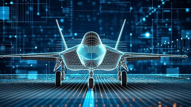 Futuristic jet fighter displayed in wireframe design with digital background showcasing advanced technology