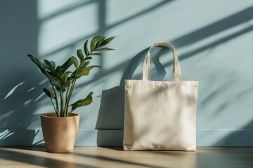 Minimalist Scene with Tote Bag and Potted Plant in Sunlight