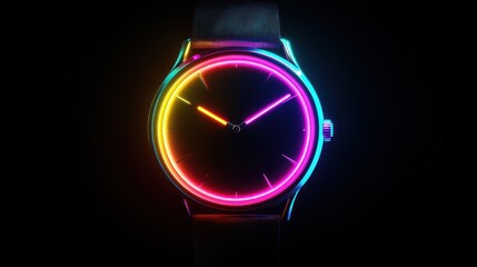 An elegant watch with neon rainbow accents shining on the glass layer, with a dark background of soft light that stands out creating an impression of modern luxury