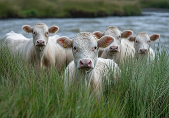 Obraz premium Group of Curious White Cows Grazing Near a Riverbank Surrounded by Lush Green Grass Captured in Nature's Serene Landscape During Daylight
