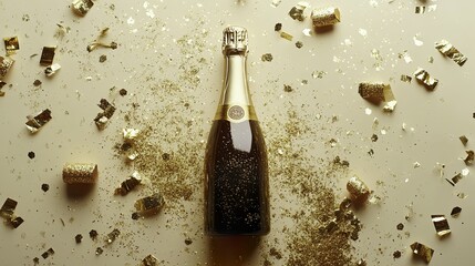 Champagne bottle with gold glitter and confetti, celebrating festive moments in style.