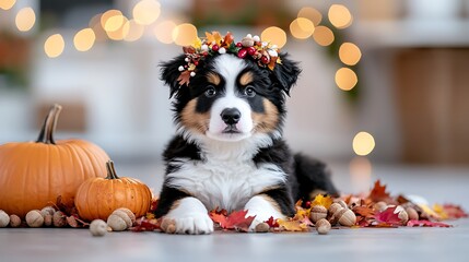 Adorable Tricolor Puppy With Autumn Decor