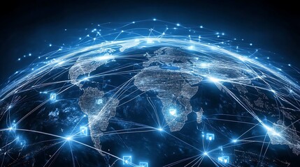 A blue background with an abstract representation technology network connection earth