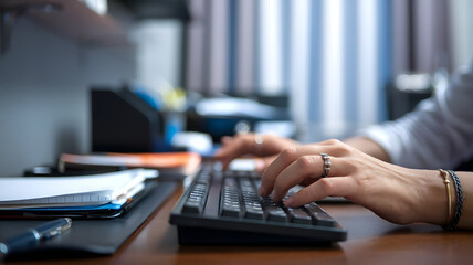 Hands typing on a laptop/keyboard, symbolizing content creation, AI, or automation technology.