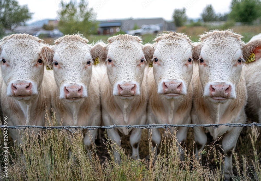 Poster group of white cows standing in a line behind a barbed wire fence, highlighting their curious expres