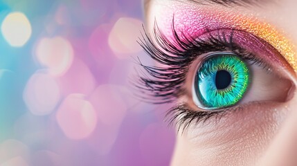 eye makeup rainbow Close up of a woman eye with vibrant rainbow eyeshadow, blending seamlessly, studio lighting, shallow depth of field