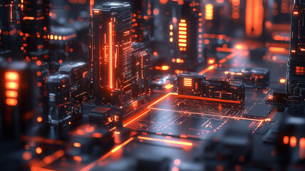 Obraz premium Futuristic Cityscape at Night with Glowing Lights and Dark Atmosphere