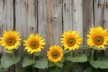 Sunflowers growing in front of rustic wooden fence