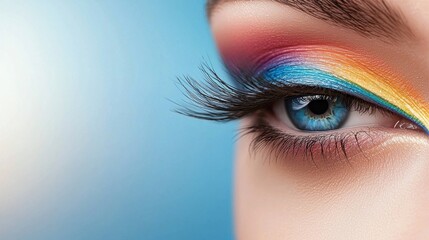 Fototapeta premium eye makeup rainbow Dramatic, winged rainbow eyeliner, extending beyond the crease, close up, showcasing the color gradient
